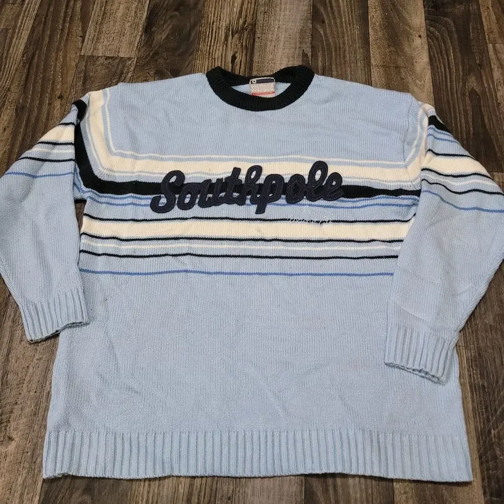 Vintage Y2K Southpole Logo Crewneck Sweater Pullover Light Blue Mens XXL Striped